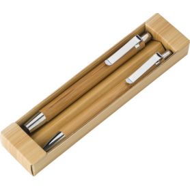 Eco-friendly bamboo writing set with foil door and ballpoint pen. Cardboard case