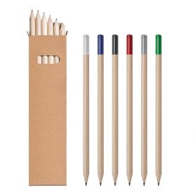 Set 6 matite in acero con finitura colorata. Custodia in cartoncino naturale. 4,5 x 18 x 1 cm