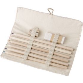 Linen drawing set, with 6 pencils, pencil sharpeners and rubber.