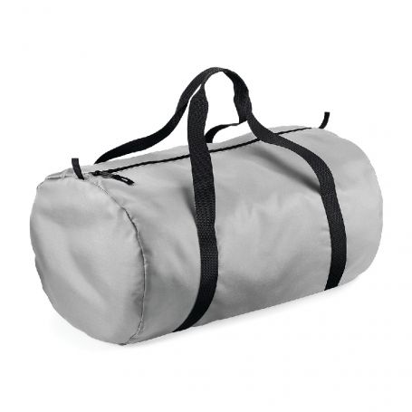 Tubular silver duffel bag with double handle, 210D polyester, light and waterproof. 50 x 30 x 26 cm