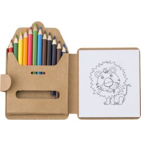 Cardboard coloring kit, contains 12 colored pencils, 12 drawings and various white pages