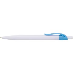 Plastic ballpoint pen with white barrel and colored clip, blue refill.