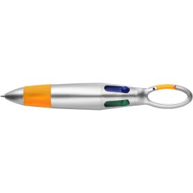 Penna a sfera in ABS 4 colori, impugnatura in gomma, moschettone, refill rosso, verde, blu e nero
