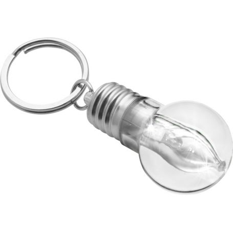 Porte-clés avec lumière LED blanche, en PS, forme d’ampoule.