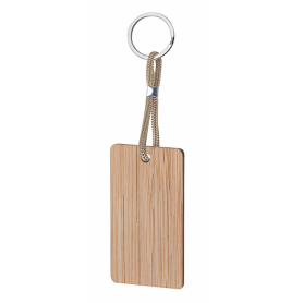 Wooden keychain with rectangular body and colored drawstring. Rec
