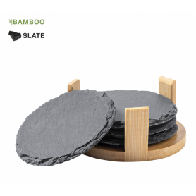 Set of 4 coasters in natural slate, with bamboo support. Seitol