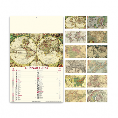 Calendario 2024 "Antiche Mappe" 31 x 52,5 cm da muro. Vintage Almanacco Italiano