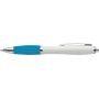 Recycled ABS ballpoint pen, white body, rubber grip, blue refill. Trevor