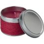 Scented candle in a metal box covered in rope. Zora