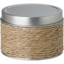 Scented candle in a metal box covered in rope. Zora