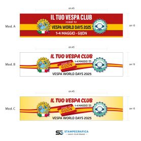 Fascia Vespa per i "Vespa World Days 2025" a Gijon. Personalizzata con il logo del tuo Vespa Club.
