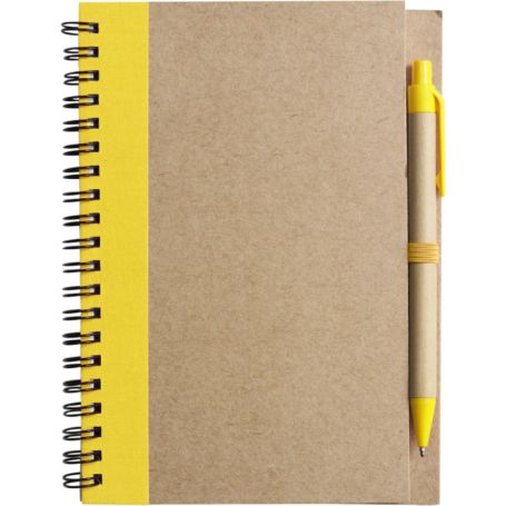 Notes/Carnet jaune 13 x 17 cm en papier recyclé avec un stylo. Personnalisable avec votre logo