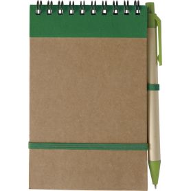 Notes/Carnet vert papier recyclé 10 x 14,4 cm plume et élastique. Personnalisable avec votre logo!