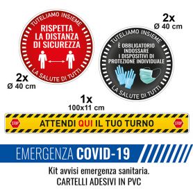 Kit base 5 cartelli adesivi con indicazioni di sicurezza emergenza sanitaria.